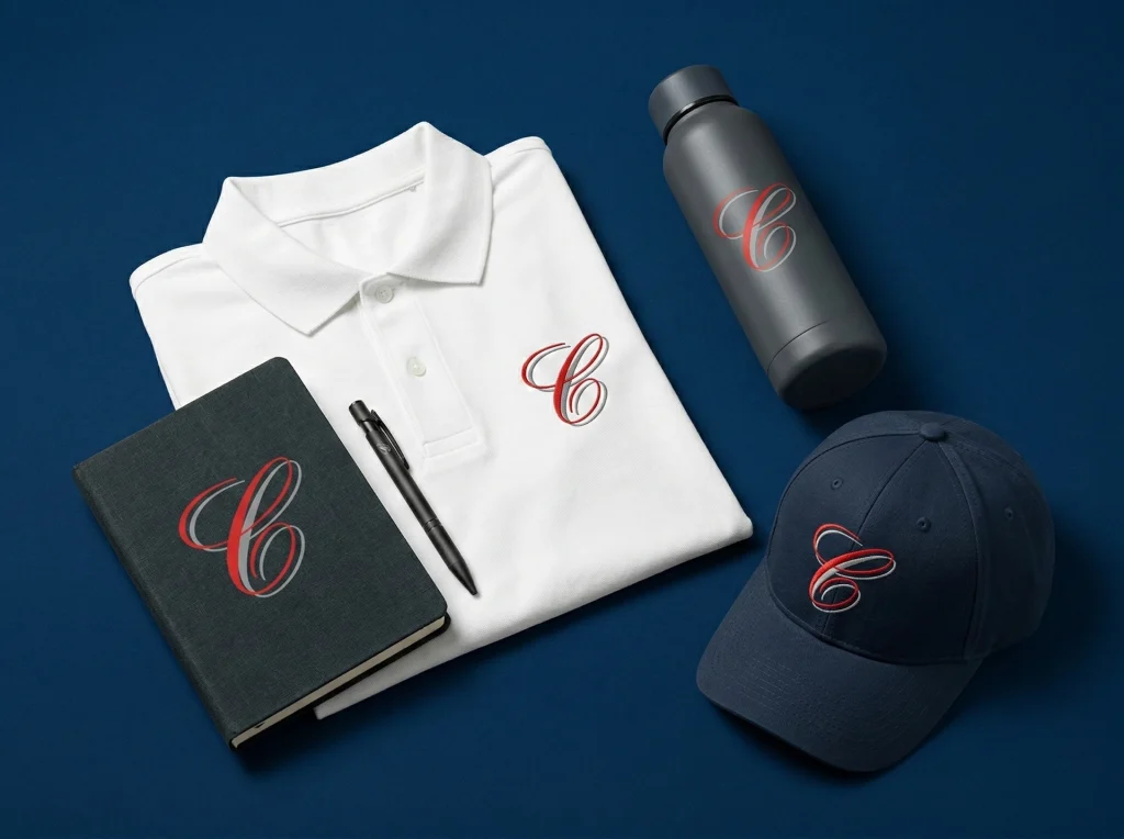 A branded polo shirt, branded note book, branded pen, branded drink bottle and branded baseball cap.