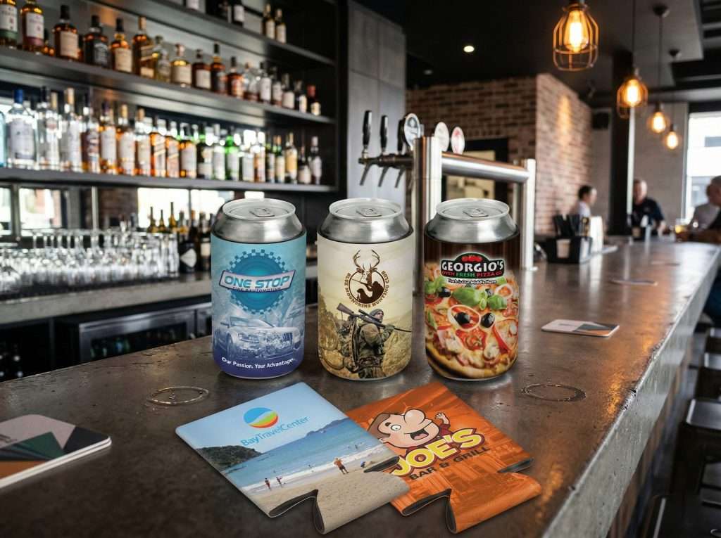 Image of three drink cans in branded stubby holders